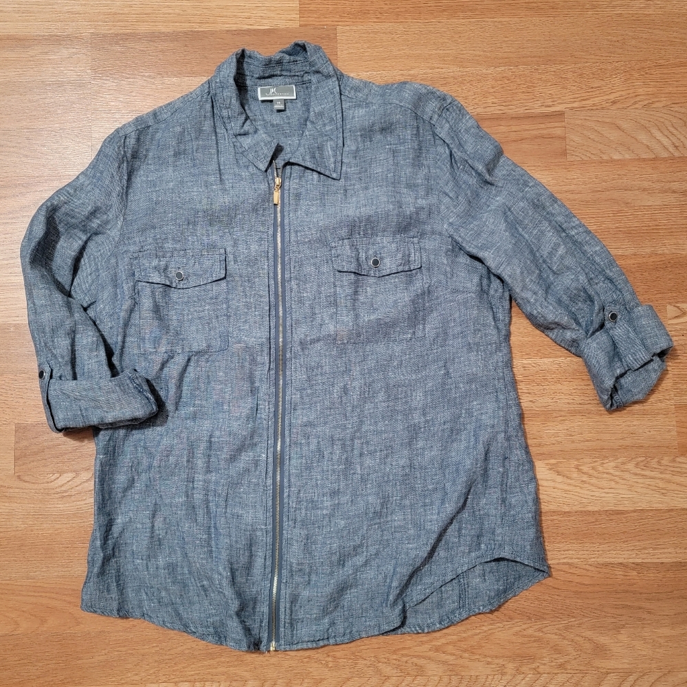 JM Collection Linen Zip Up Long Sleeve Top